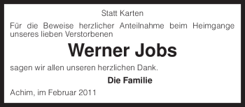 Traueranzeige von Werner Jobs von KREISZEITUNG SYKE