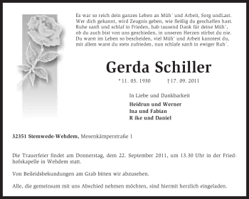 Traueranzeige von Gerda Schiller von KREISZEITUNG SYKE