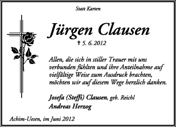 Traueranzeige von Jürgen Clausen von KREISZEITUNG SYKE