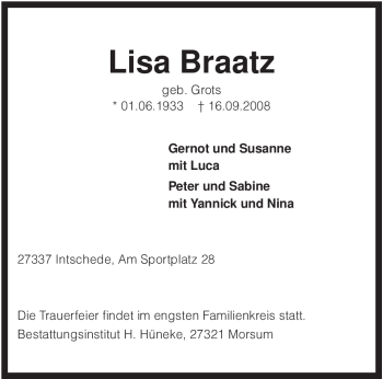 Traueranzeige von Lisa Braatz von KREISZEITUNG SYKE