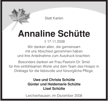 Traueranzeige von Annaline Schütte von KREISZEITUNG SYKE