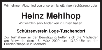 Traueranzeige von Heinz Mehlhop von KREISZEITUNG SYKE