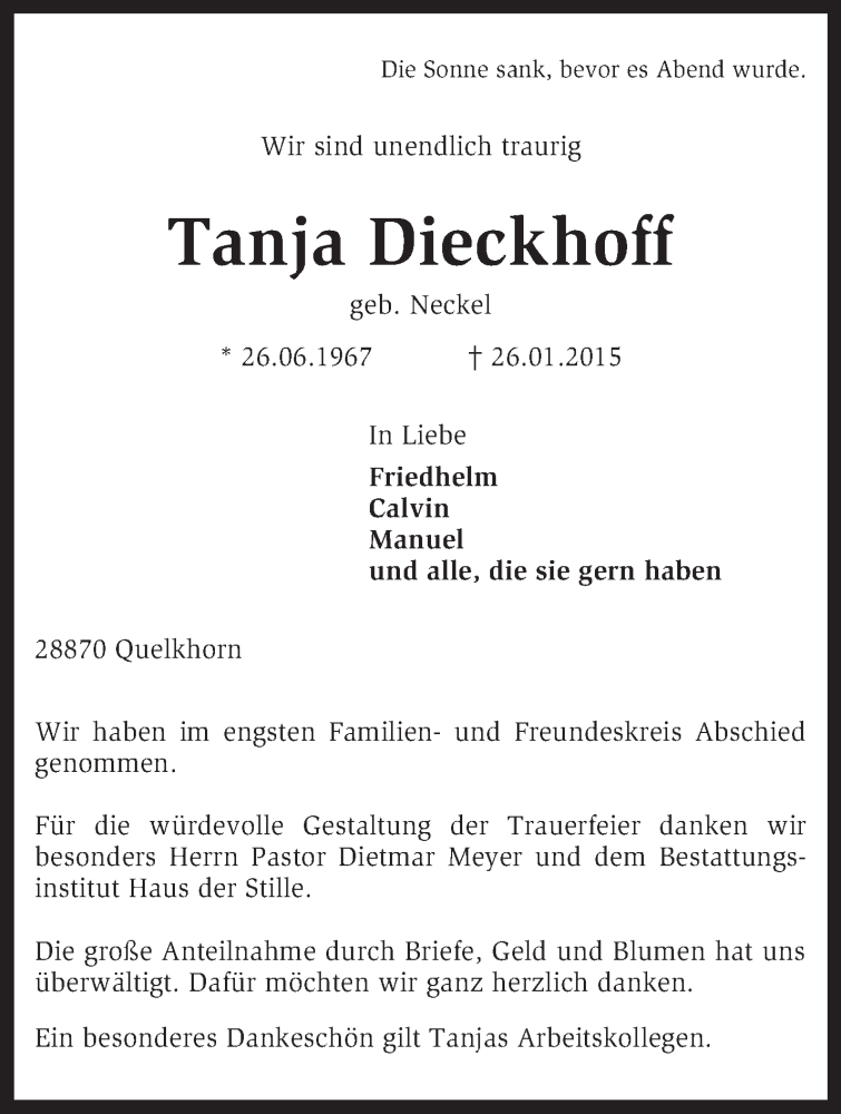  Traueranzeige für Tanja Dieckhoff vom 07.02.2015 aus KRZ