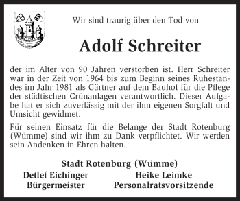 Traueranzeige von Adolf Schreiter von KREISZEITUNG SYKE