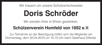 Traueranzeige von Doris Schröder von KREISZEITUNG SYKE