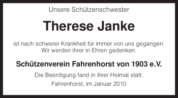 Traueranzeige von Therese Janke von KREISZEITUNG SYKE