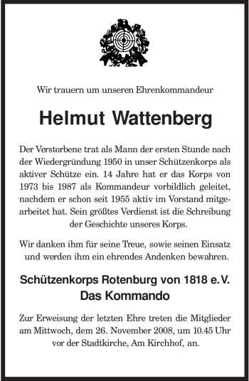 Traueranzeige von Helmut Wattenberg von KREISZEITUNG SYKE