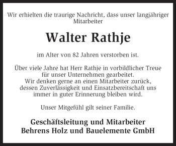 Traueranzeige von Walter Rathje von KREISZEITUNG SYKE