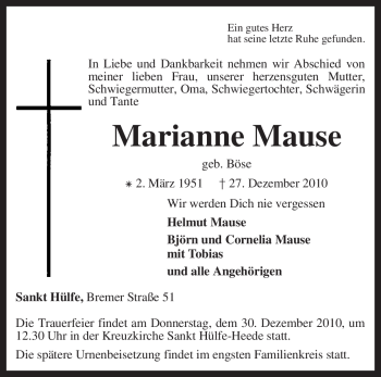 Traueranzeige von Marianne Mause von KREISZEITUNG SYKE