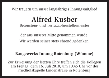 Traueranzeige von Alfred Kusber von KREISZEITUNG SYKE