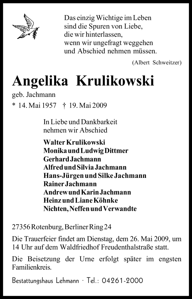  Traueranzeige für Angelika Krulikowski vom 22.05.2009 aus KREISZEITUNG SYKE