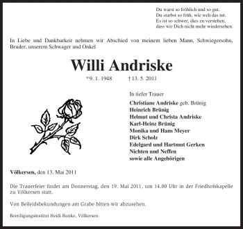 Traueranzeige von Willi Andriske von KREISZEITUNG SYKE