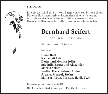 Traueranzeige von Bernhard Seifert von KREISZEITUNG SYKE