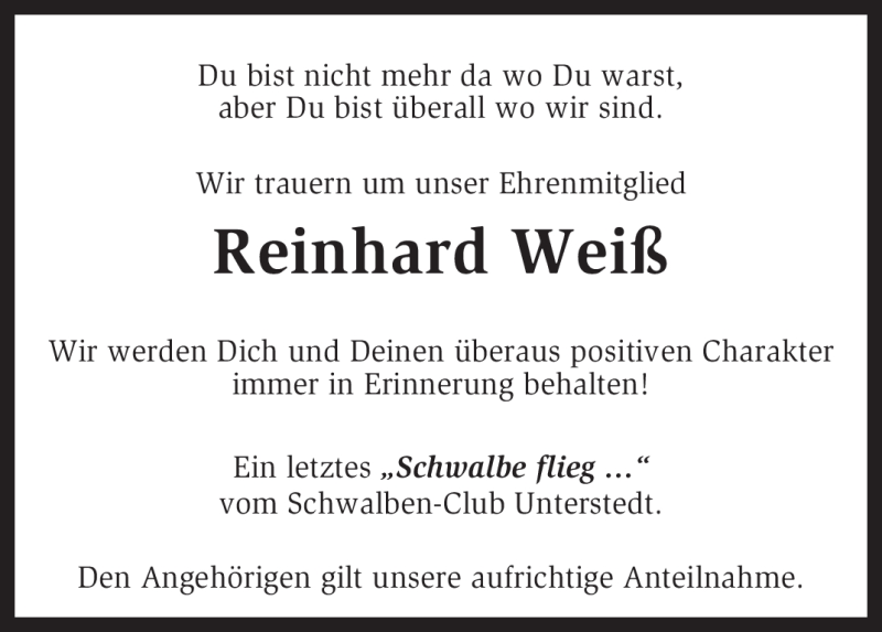  Traueranzeige für Reinhard Weiß vom 03.02.2011 aus KREISZEITUNG SYKE