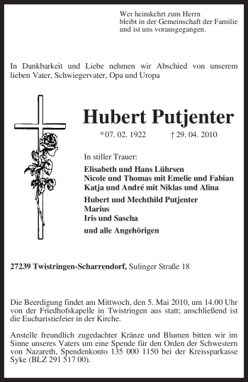 Traueranzeige von Hubert Putjenter von KREISZEITUNG SYKE