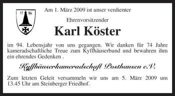 Traueranzeige von Karl Köster von KREISZEITUNG SYKE