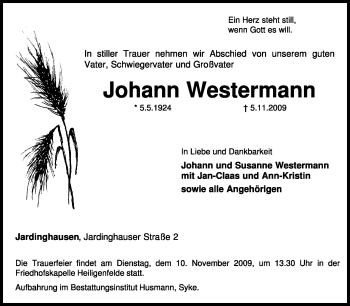 Traueranzeige von Johann Westermann von KREISZEITUNG SYKE