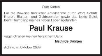 Traueranzeige von Paul Krause von KREISZEITUNG SYKE