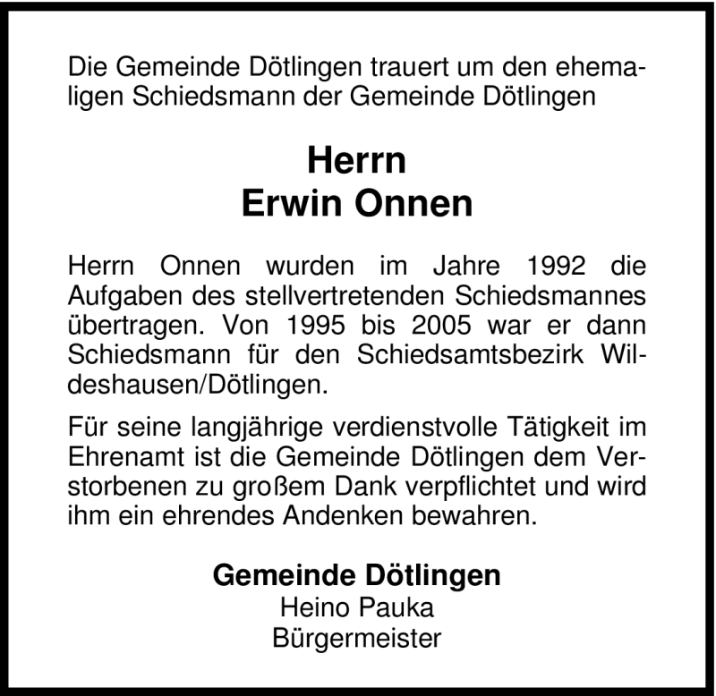  Traueranzeige für Erwin Onnen vom 14.01.2009 aus 