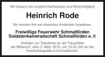 Traueranzeige von Heinrich Rode von KREISZEITUNG SYKE