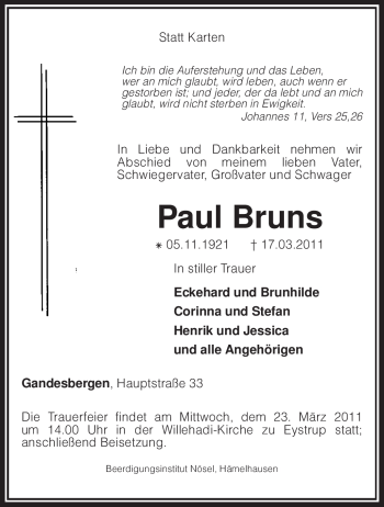 Traueranzeige von Paul Bruns von KREISZEITUNG SYKE