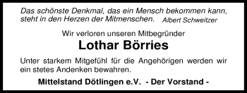 Traueranzeige von Lothar Börries von KREISZEITUNG SYKE