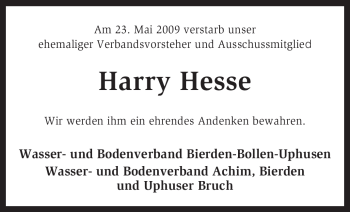 Traueranzeige von Harry Hesse von KREISZEITUNG SYKE