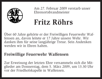 Traueranzeige von Fritz Röhrs von KREISZEITUNG SYKE