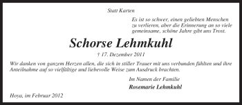 Traueranzeige von Schorse Lehmkuhl von KREISZEITUNG SYKE