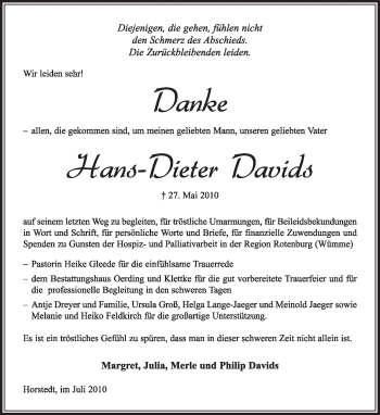 Traueranzeige von Hans-Dieter Davids von KREISZEITUNG SYKE