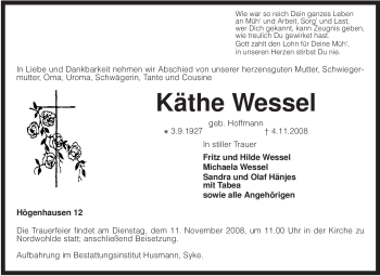 Traueranzeige von Käthe Wessel von KREISZEITUNG SYKE