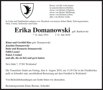 Traueranzeige von Erika Domanowski von KREISZEITUNG SYKE