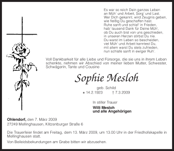 Traueranzeige von Sophie Mesloh von KREISZEITUNG SYKE