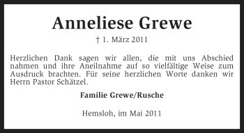 Traueranzeige von Anneliese Grewe von KREISZEITUNG SYKE