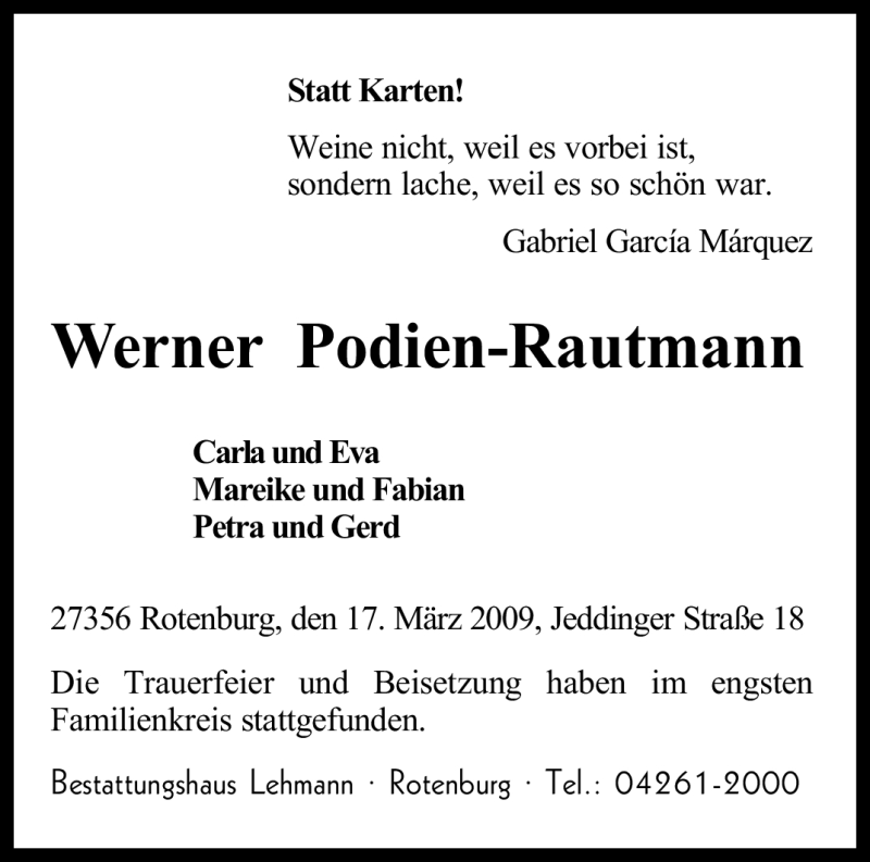  Traueranzeige für Werner Podien-Rautmann vom 23.03.2009 aus KREISZEITUNG SYKE