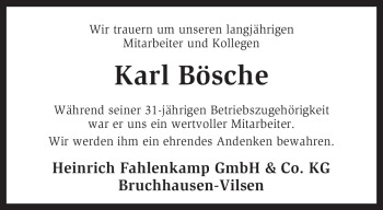 Traueranzeige von Karl Bösche von KREISZEITUNG SYKE