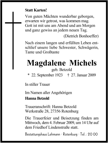 Traueranzeige von Magdalene Michels von KREISZEITUNG SYKE