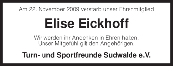 Traueranzeige von Elise Eickhoff von KREISZEITUNG SYKE