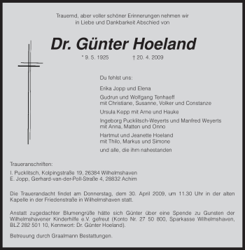 Traueranzeige von Günter Hoeland von KREISZEITUNG SYKE