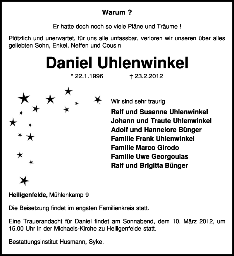  Traueranzeige für Daniel Uhlenwinkel vom 27.02.2012 aus KREISZEITUNG SYKE