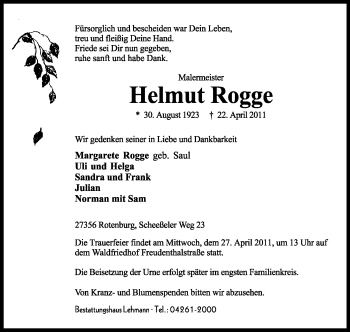 Traueranzeige von Helmut Rogge von KREISZEITUNG SYKE