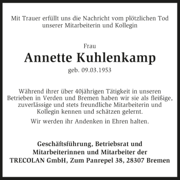 Traueranzeige von Annette Kuhlenkamp von Kreiszeitung