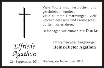 Traueranzeige von Elfriede Agathon von Kreiszeitung