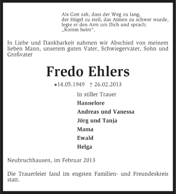 Traueranzeige von Fredo Ehlers von Kreiszeitung