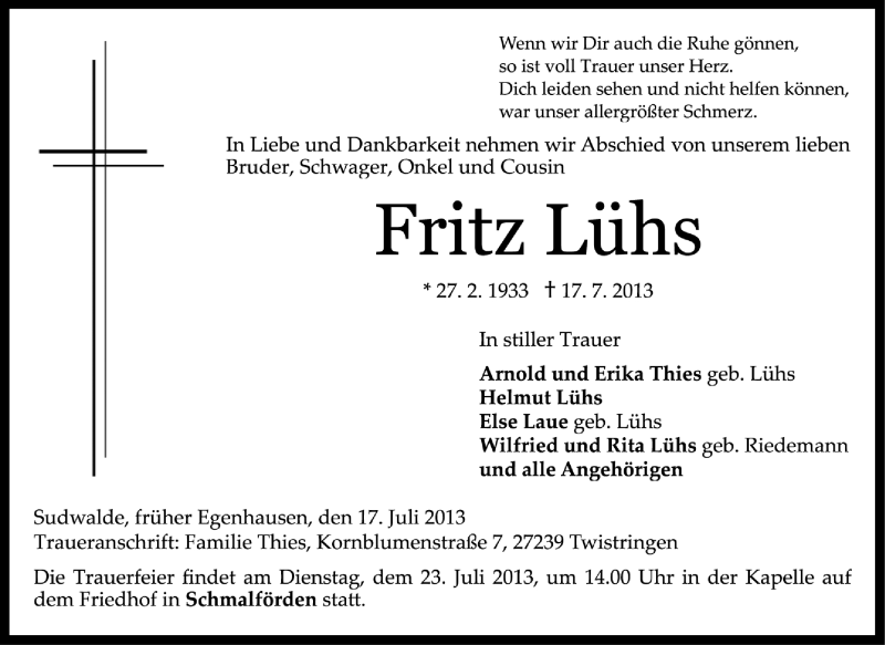  Traueranzeige für Fritz Lühs vom 25.07.2013 aus Kreiszeitung