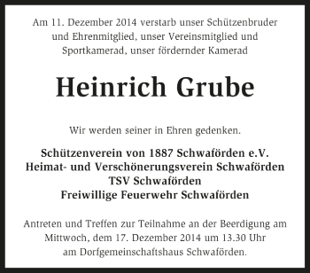 Traueranzeige von Heinrich Grube von Kreiszeitung