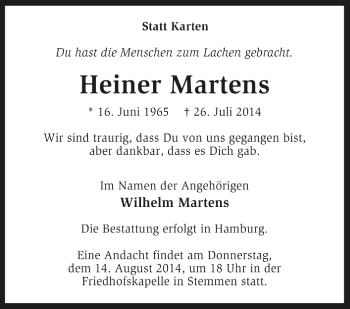 Traueranzeige von Heiner Martens von Kreiszeitung