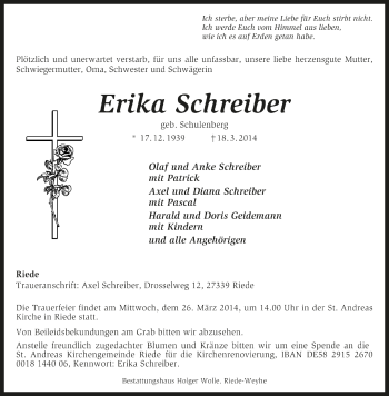 Traueranzeige von Erika Schreiber von Kreiszeitung