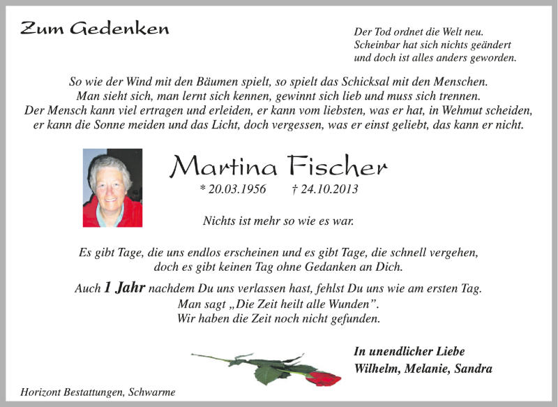  Traueranzeige für Martina Fischer vom 30.10.2014 aus Kreiszeitung