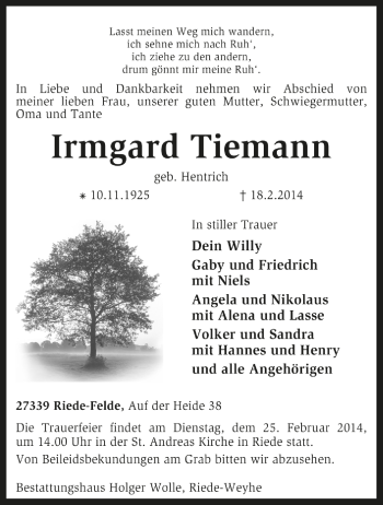 Traueranzeige von Irmgard Tiemann von Kreiszeitung